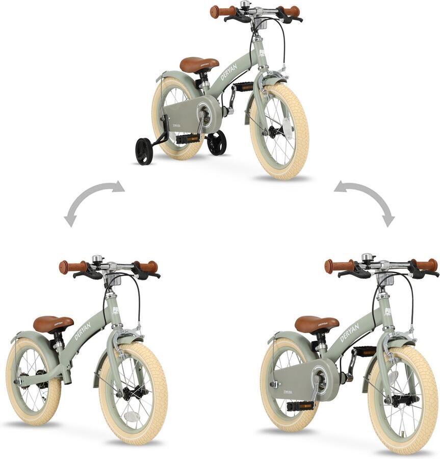 Deryan Luxe Kinderfiets 14 inch 3 in 1 loopfiets Groen