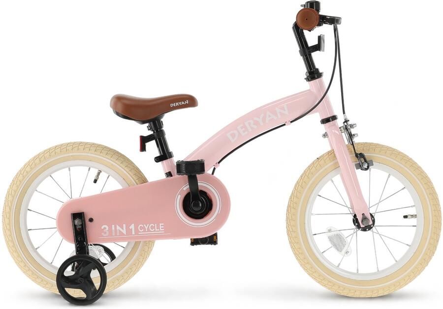Deryan Luxe Kinderfiets 14 inch 3 in 1 loopfiets Roze - Foto 2