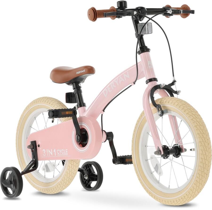 Deryan Luxe Kinderfiets 14 inch 3 in 1 loopfiets Roze