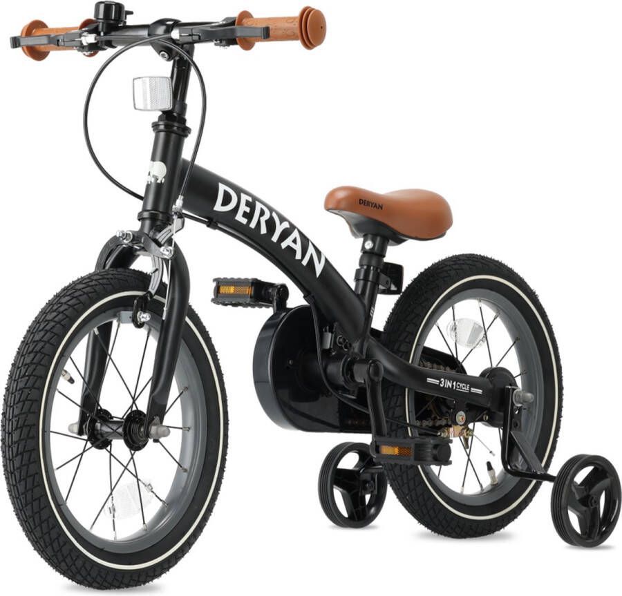 Deryan Luxe Kinderfiets 12 inch 3 in 1 loopfiets Zwart