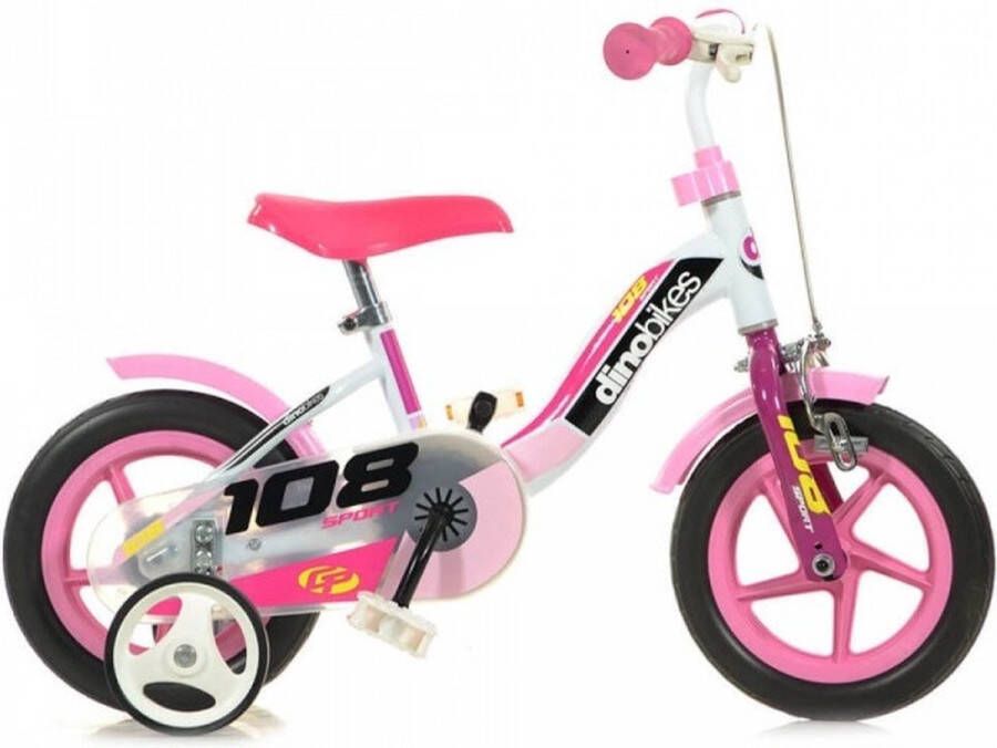 Dino 108 Sport Kinderfiets 10 Inch Roze Wit Meisjesfiets Met Zijwieltjes Geschikt van 1 tot 3 Jaar 85-100cm