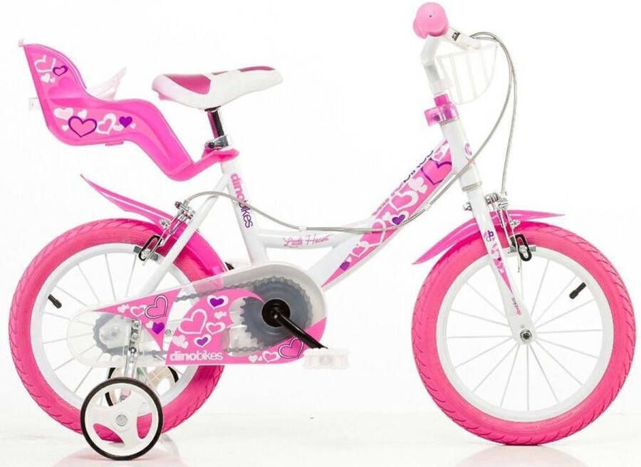 Dino Little Heart Meisjesfiets Kinderfiets voor Jongens 14 Inch 26 cm Knijprem Wit Roze