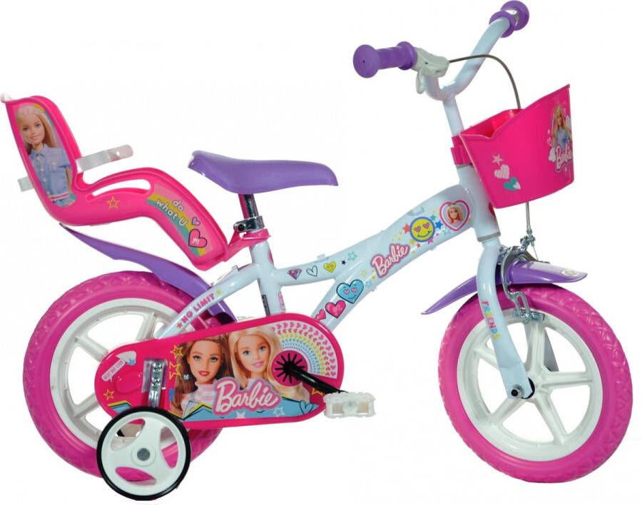 Dino Barbie Meisjesfiets Kinderfiets voor Meisjes 12 Inch 21 cm Doortrapper Wit Roze