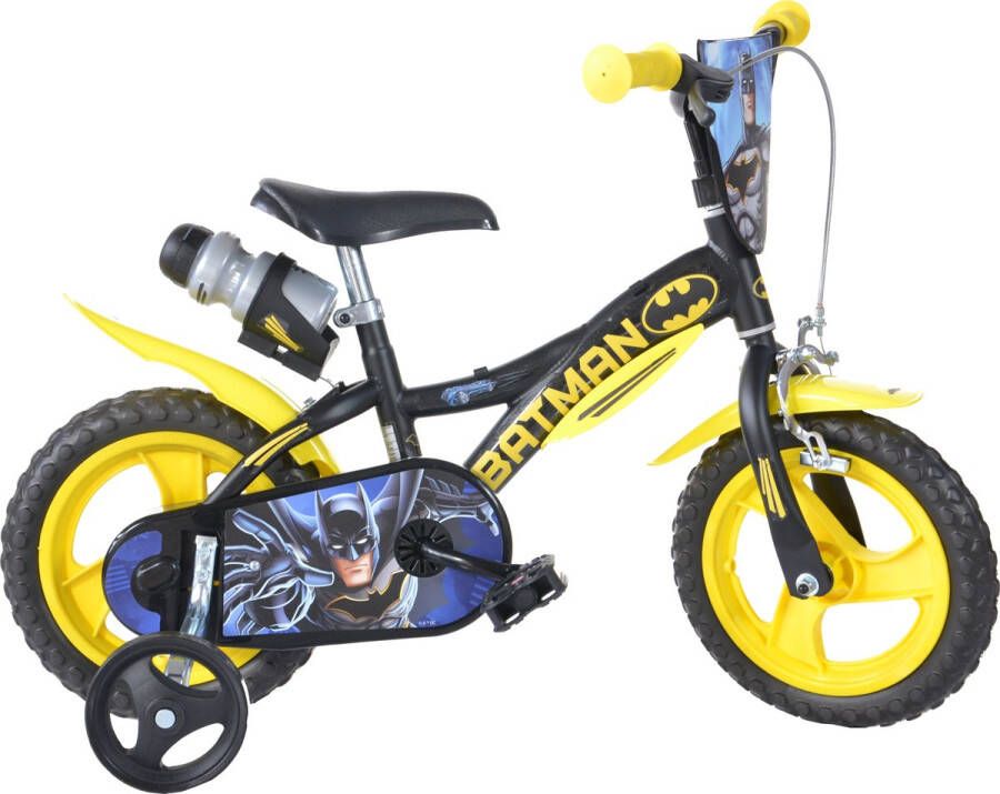 Dino Batman Kinderfiets 12 Inch van 2-4 Jaar met Zijwieltjes Jongensfiets Zwart
