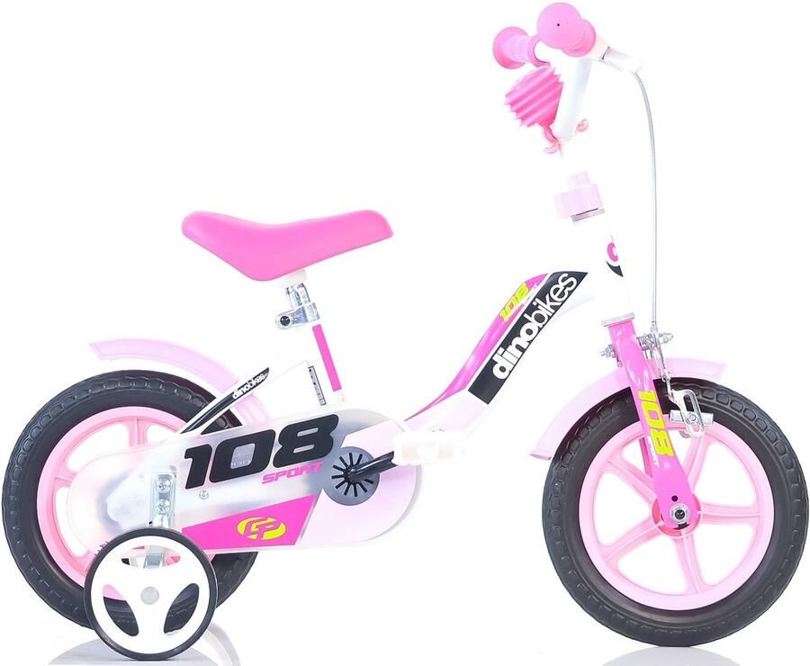 Dino 108 Sport Kinderfiets 10 Inch Roze Wit Meisjesfiets Met Zijwieltjes Geschikt van 1 tot 3 Jaar 85-100cm