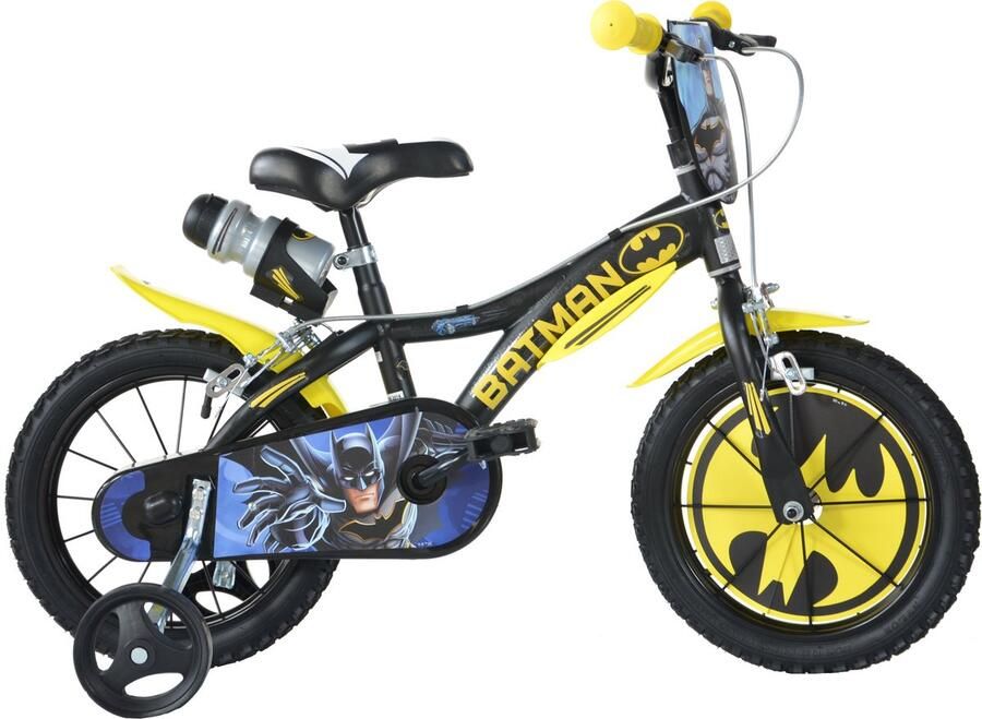 Dino Batman Kinderfiets 14 Inch van 3-5 Jaar met Zijwieltjes Jongensfiets Zwart