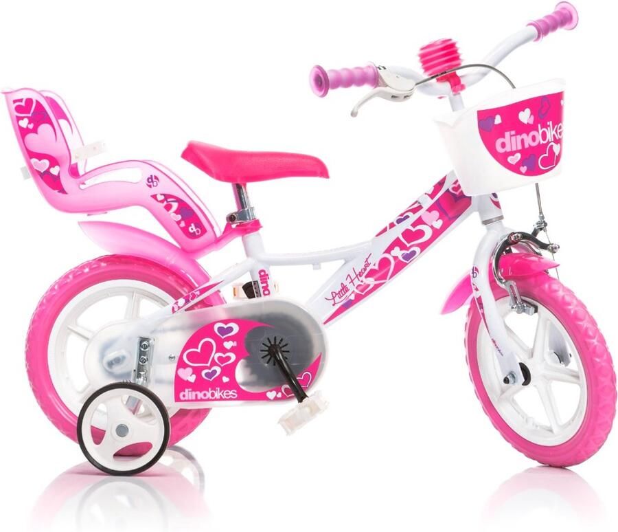 Dino Little Heart Kinderfiets 12 Inch Wit Roze Meisjesfiets Met Zijwieltjes Met Poppenzitje Geschikt voor 2 tot 4 jaar 90-105 cm