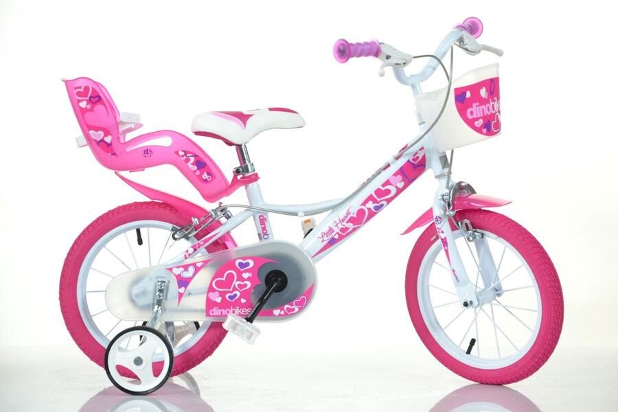 Dino Little Heart sfiets Kinderfiets voor 14 Inch 26 cm Knijprem Wit Roze