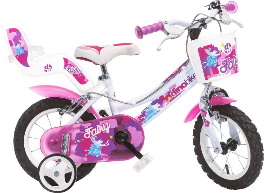 Dino Fairy Meisjesfiets Kinderfiets voor Meisjes 12 Inch 21 cm Knijprem Wit Roze