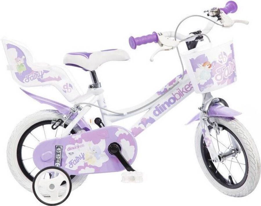Dino Fairy Kinderfiets 12 Inch Wit Lila Meisjesfiets Met Zijwieltjes Geschikt voor 2 tot 4 Jaar 90-105 cm