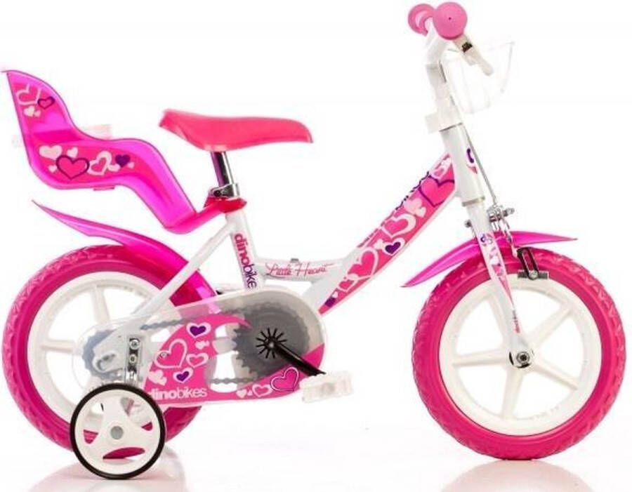 Dino Little Heart Kinderfiets 12 Inch Wit Roze Meisjesfiets Met Zijwieltjes Met Poppenzitje Geschikt voor 2 tot 4 jaar 90-105 cm