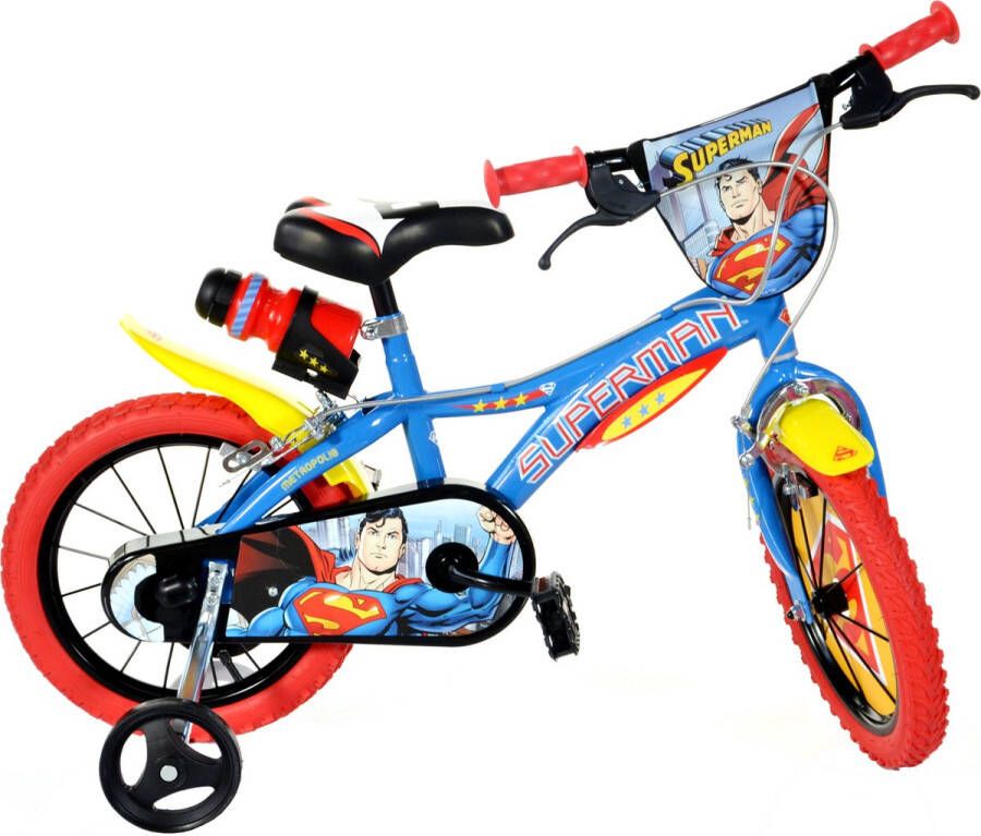Dino Superman Kinderfiets 16 Inch Blauw Rood Met Zijwieltjes Geschikt voor 4 tot 6 Jaar 103-118 cm