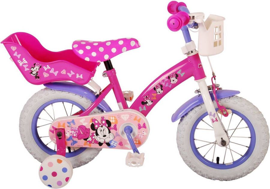Disney Minnie Cutest Ever! Kinderfiets Meisjes 12 inch Roze Met mandje voor en poppenzitje achter