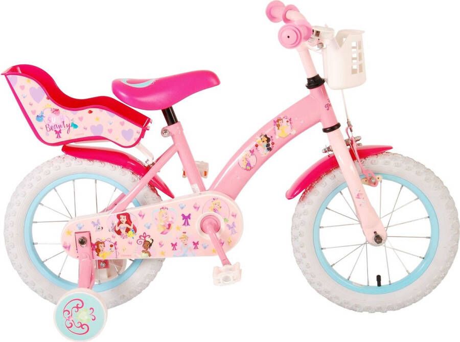 Volare Disney Princess Kinderfiets Meisjes 14 inch Roze Met mandje voor en poppenzitje achter