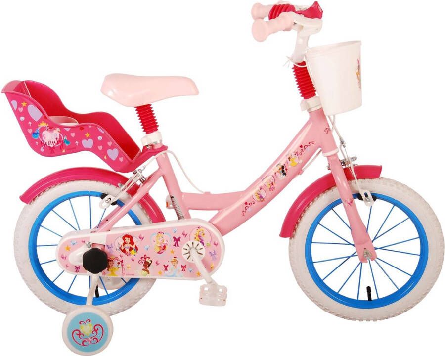 Volare Disney Princess Kinderfiets Meisjes 14 inch Roze Twee handremmen Met mandje voor en poppenzitje achter