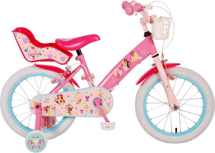 Volare Disney Princess Kinderfiets Meisjes 16 inch Roze Twee handremmen Met mandje voor en poppenzitje achter