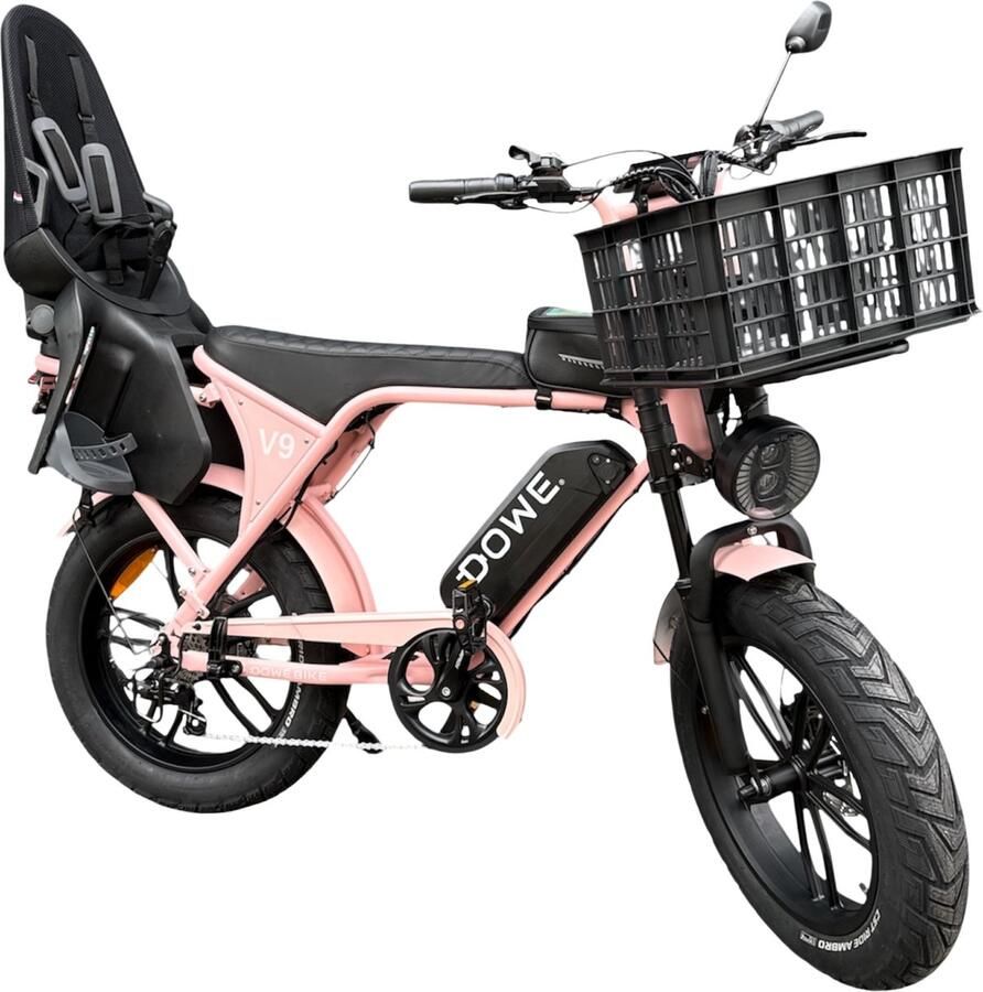 Dowe Elektrische Fatbike met Kinderzitje + Krat – Roze family fatbike 250W 25 km h Elektrische fiets met kinderzitje