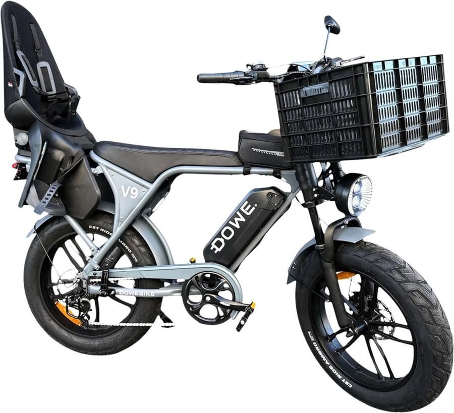 Dowe Elektrische Fatbike met Kinderzitje + Krat – V9 Nardo Grijs 17.5Ah Accu 250W 25Kmh Family fatbike 100% Legaal
