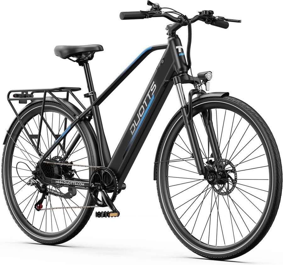DUOTTS Elektrische Fiets C29Lite 468Wh 13 Ah Accu 80 km Bereik 250W Motor 27.5 Inch Anti-Lekbanden- Shi o 7 Versnellingen Mechanische schijfrem Ijzeren Frame Kleuren display Inclusief Bagagedrager Elektrische Stadsfiets zwart