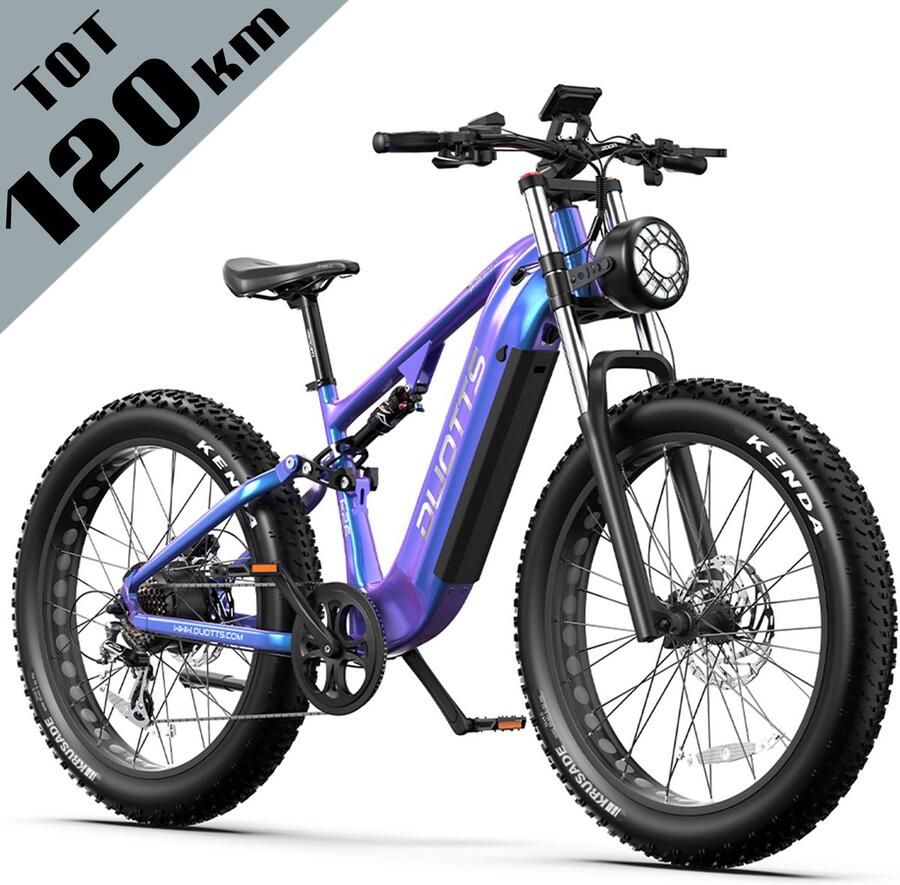 DUOTTS Elektrische Fiets E26 960Wh 20 Ah Accu 120 km Bereik 250W Motor 26*4.0 Inch Banden Shi o 8 Versnellingen Hydraulische Schijfrem Motor Bafang met koppelsensor Aluminium Frame Elektrische Mountainbike Blauw