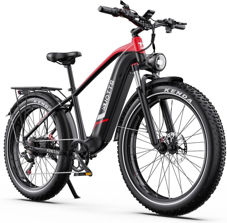 DUOTTS Elektrische Fiets F26-Lite 864Wh 18 Ah Accu 100 km Bereik 250W Motor 26x4 Inch Banden Shi o 7 Versnellingen Aluminium Frame Inclusief Bagagedrager Elektrische Mountainbike zwart
