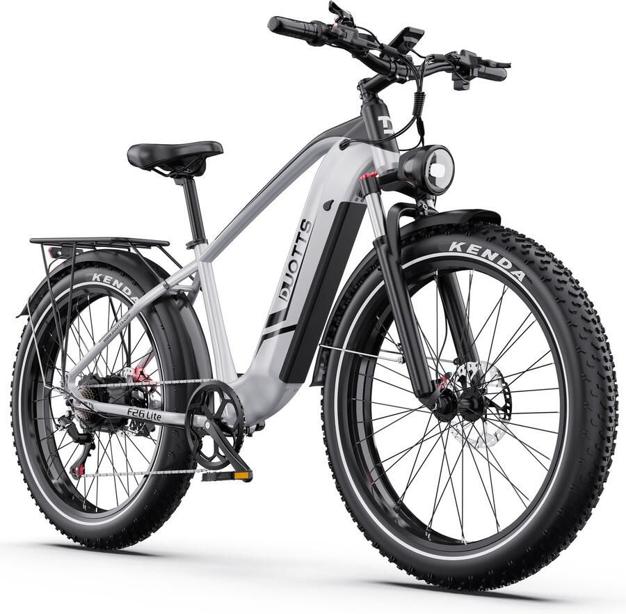 DUOTTS Elektrische Fiets F26-Lite 864Wh 18 Ah Accu 100 km Bereik 250W Motor 26x4 Inch Banden Shi o 7 Versnellingen Aluminium Frame Inclusief Bagagedrager Elektrische Mountainbike zilver
