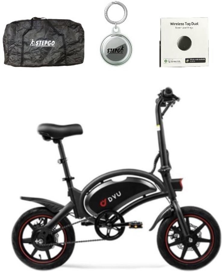 DYU Elektrische vouwfiets D3F elektrische fiets opvouwbaar vouwbaar 25 km h trapondersteuning + waterdichte stepgo beschermhoes reistas en tracker met traceer systeem