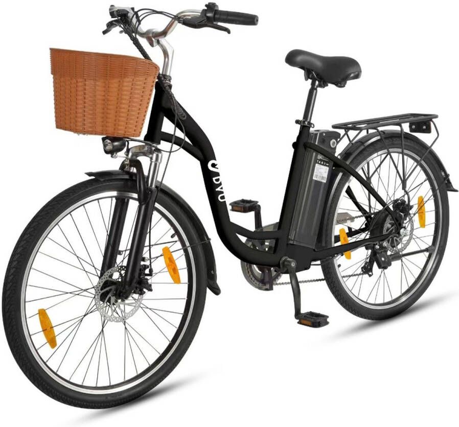 DYU Elektrische Fiets C6 450Wh 12.5Ah Accu 75 km Bereik 250W Motor Instap Frame 26 Inch Wielen Shi o 6 Versnellingen Met fiets dje Stadsfiets voor en Zwart - Foto 2