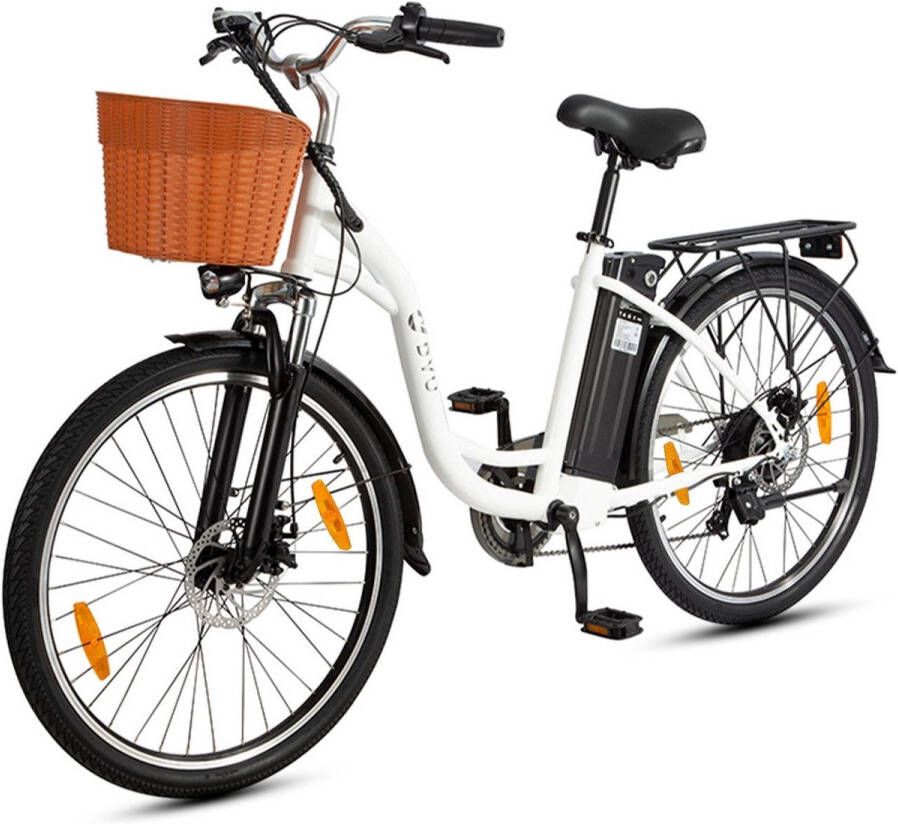 DYU Elektrische Fiets C6 450Wh 12.5Ah Accu 75 km Bereik 250W Motor Instap Frame 26 Inch Wielen Shi o 6 Versnellingen Met fiets dje Stadsfiets voor en Wit - Foto 2