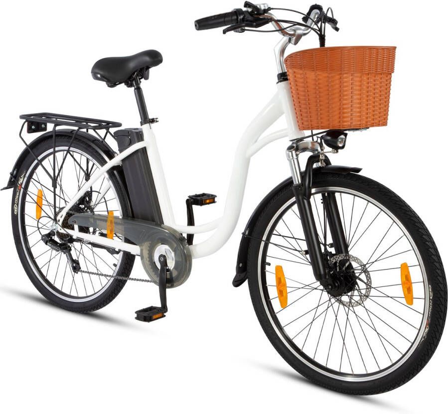 DYU Elektrische Fiets C6 450Wh 12.5Ah Accu 75 km Bereik 250W Motor Instap Frame 26 Inch Wielen Shi o 6 Versnellingen Met fiets dje Stadsfiets voor en Wit