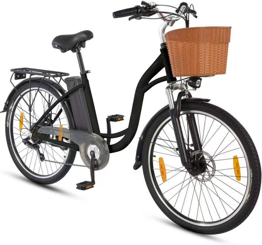 DYU Elektrische Fiets C6 450Wh 12.5Ah Accu 75 km Bereik 250W Motor Instap Frame 26 Inch Wielen Shi o 6 Versnellingen Met fiets dje Stadsfiets voor en Zwart