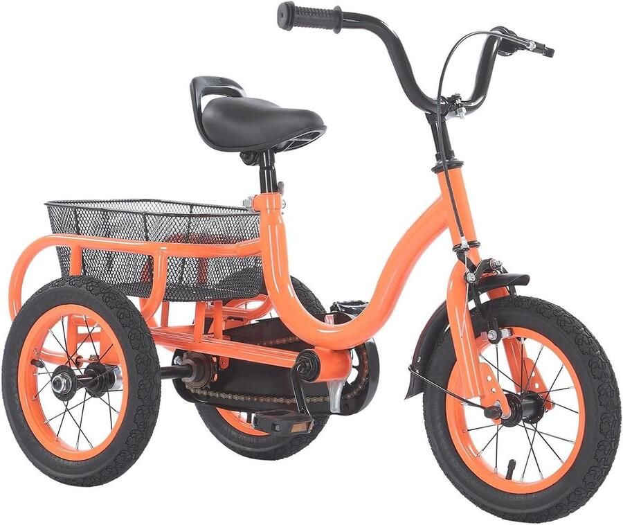 12 inch driewieler voor kinderen kinderdriewieler met voorspatbord 2-5 jaar kinderfiets met grote d en in hoogte verstelbaar zadel (oranje)