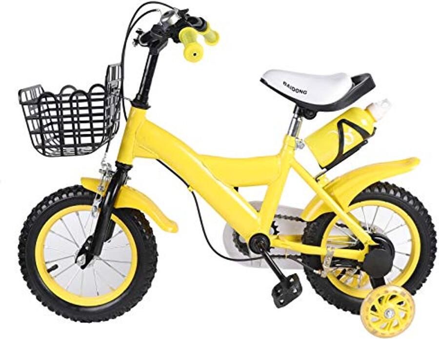 12 Inch Kinderfiets met Steunwielen voor en Gele Fiets met Koolstofstaal Frame