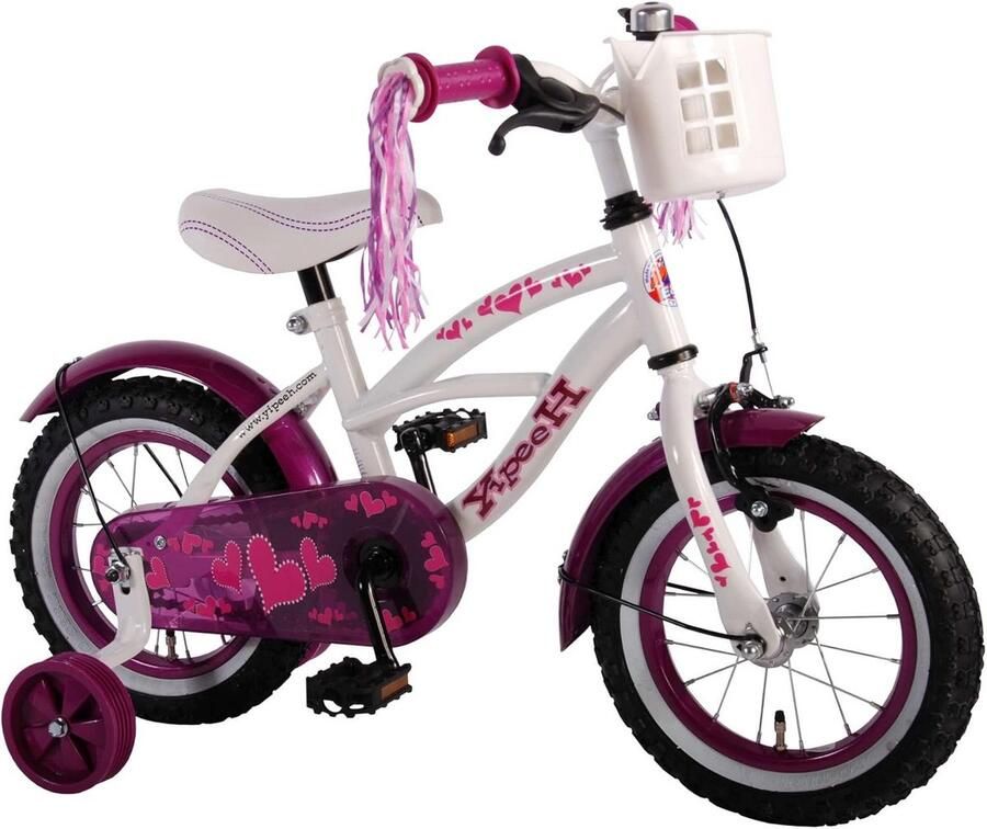 12 inch Meisjesfiets Cruiser Wit Paars Kinderfiets met Zijwieltjes