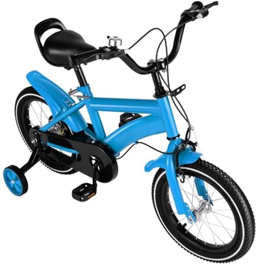 14 Inch Kinderfiets met Steunwielen voor Kinderen van 3-6 Jaar Hoogte Verstelbaar en Blauw