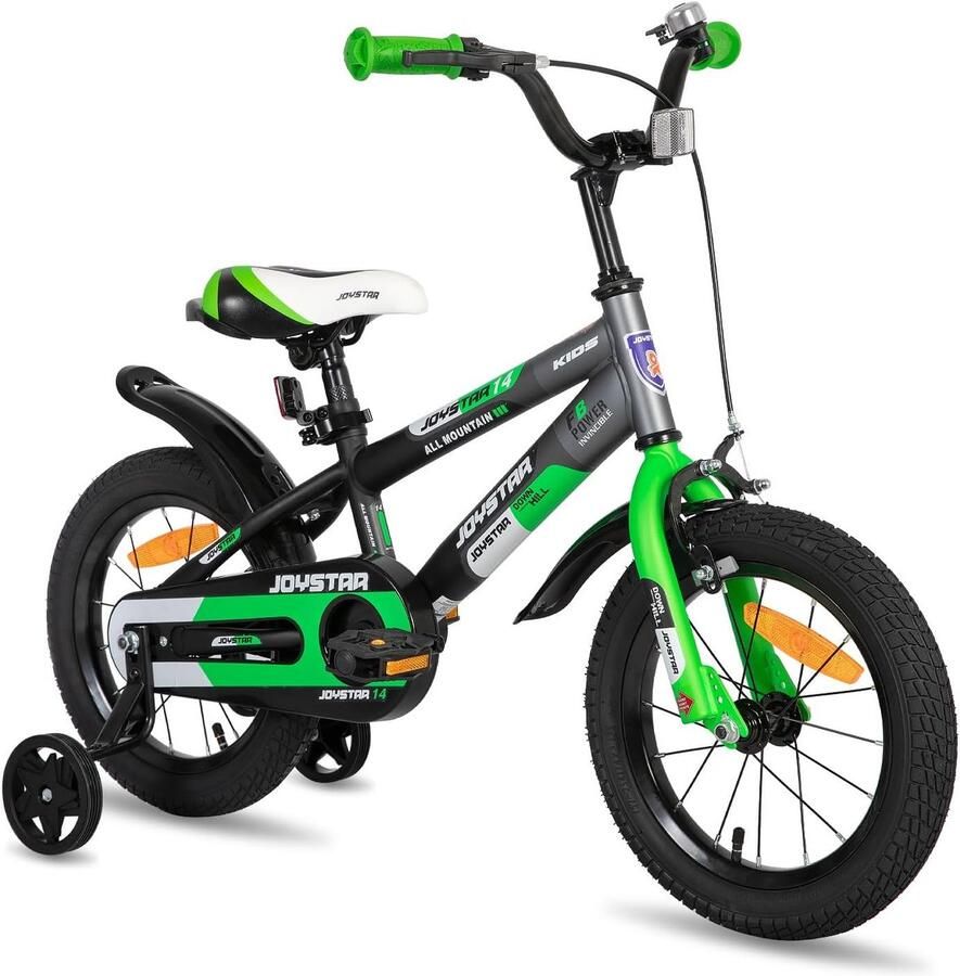 14 inch kinderfiets voor en groen met stabilisatoren