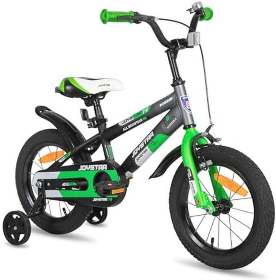 14 inch kinderfiets voor en groen met stabilisatoren