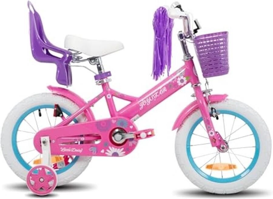 14 Inch Meisjesfiets met Steunwielen en Poppenzitje Paars
