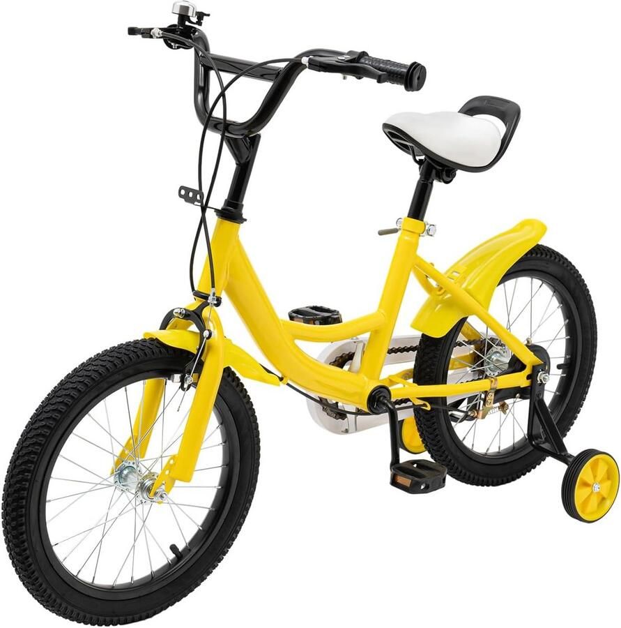 16 Inch Kinderfiets Geel met Zijwieltjes en Dubbele Rem Leeftijd 5-8 Jaar