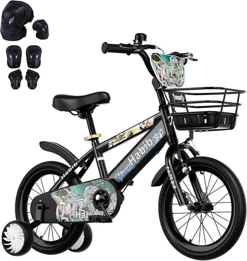 Jongensfiets Dino Thema 12 14 16 Inch Inclusief Steunwielen Mand en Veiligheidsset