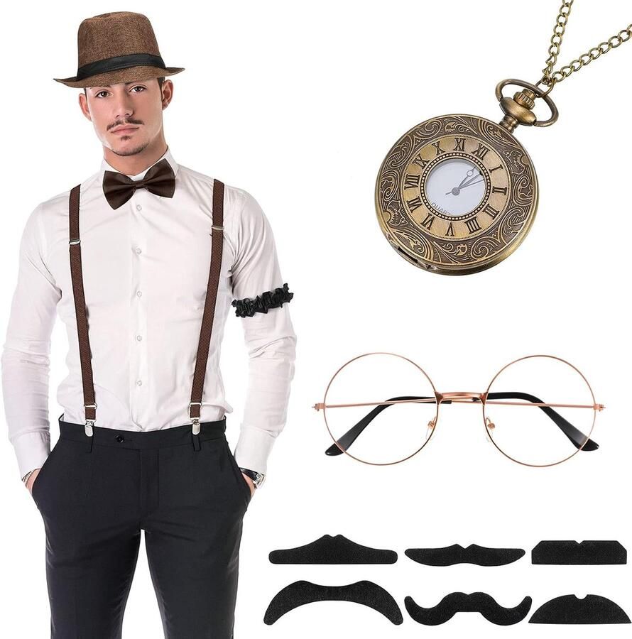 1920s Heren Kostuum Accessoires Set Brullende Retro Gangster Kostuum Hoed Vlinderdas Zakhorloge Bretel Bril Baard Armband Garters Stropdasclips (Bruin Eenvoudige Stijl)