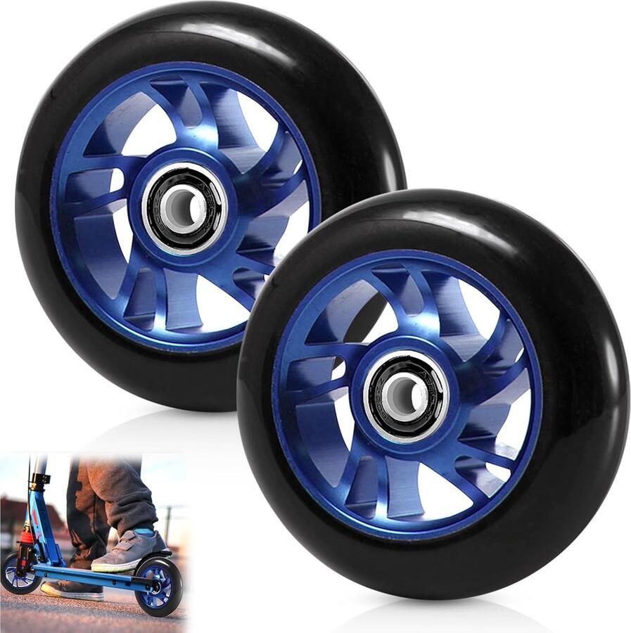 2 stuks 100 mm stepbanden reservewielen 88A met ABEC-9 lagers aluminiumlegering velgen e-step accessoires compatibel met de meeste stuntscooters (blauw)