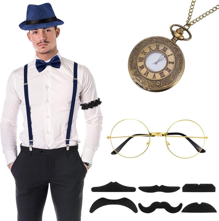 20 kostuum accessoires set brullend retro gangsterkostuum hoed vlinderdas zakhorloge bretels bril baard armband kousenbanden dasspelden (donkerblauw eenvoudige stijl)