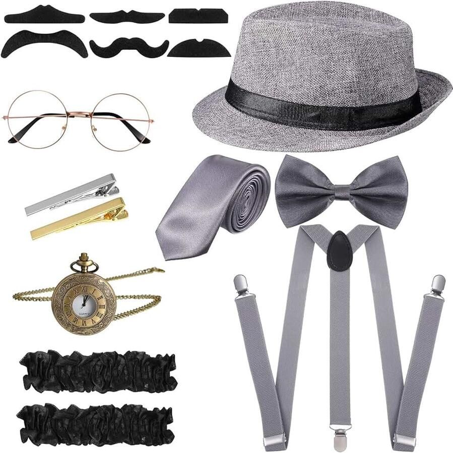 20 Roaring Retro Oude Mannen Kostuum voor Volwassenen Accessoires Set Gangster Hoed Vlinderdas Pocket Horloge Jarretel Glas Baard Tie Clip (Grijs Eenvoudige Stijl) Grijs Simple Style