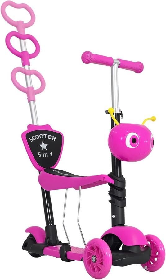 3-in-1 Kinderstep Loopfiets met Zitje en Duwstang Verstelbaar Roze