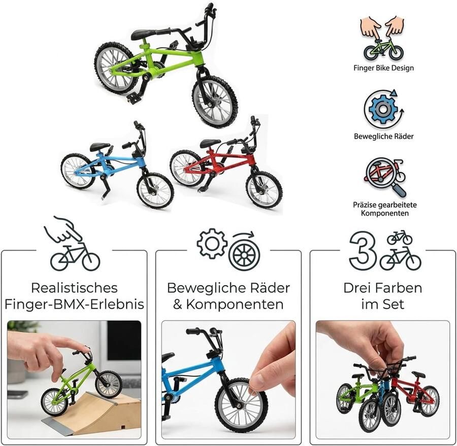3 stuks vingerfiets miniaturen vingerfiets en mini BMX-modellen Vinger BMX en mountainbike replica voor verzameling rood blauw groen