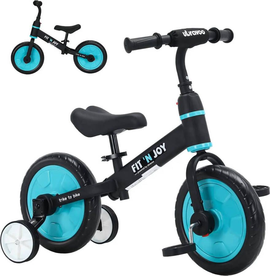 BBV 4 in 1 Kinderfietsen Kinderfiets 12 inch Loopfiets Zeiwieltjes Blauw Zwart Tot 30KG 63x76x37cm