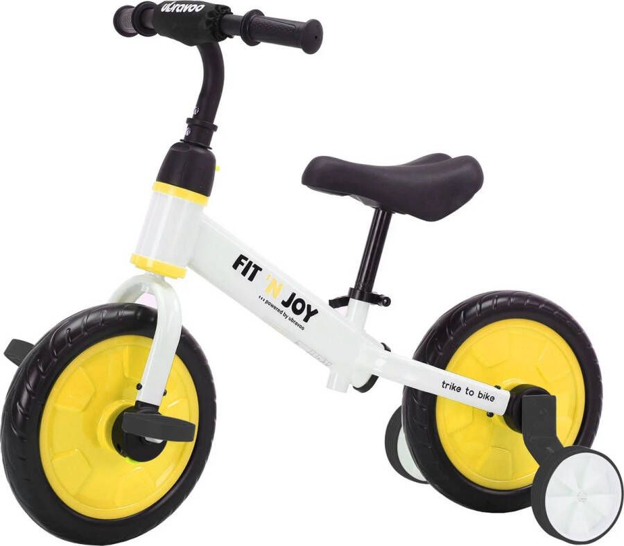 BBV 4 in 1 Kinderfietsen Kinderfiets 12 inch Loopfiets Zeiwieltjes Geel wit Tot 30KG 63x76x37cm