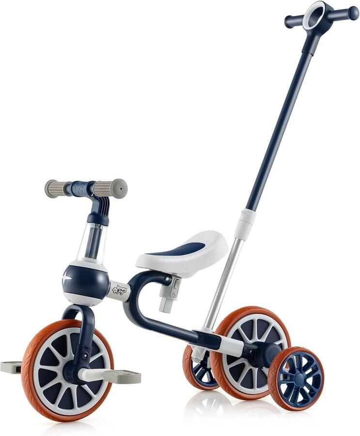 4-in-1 Loopfiets Driewieler met Verstelbare Duwstang voor Kinderen 2-4 Jaar Blauw