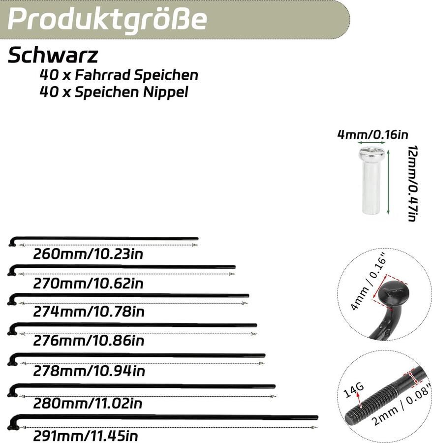 40 Stuks Fietsspeichen met Nippels voor Mountainbike en E-bike 276mm Zwart